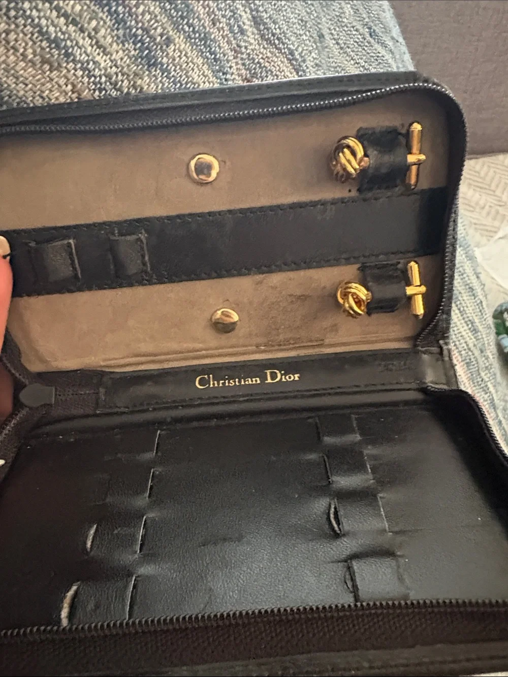 Dior Gold Knot T-Bar Cufflinks with Black Leather Accents